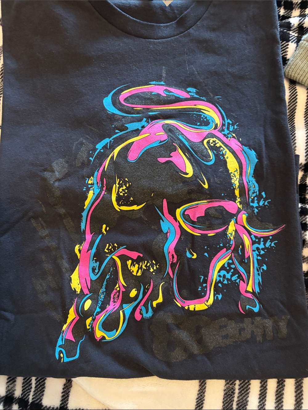 Next Level Apparel Black Tee with Neon Cyan, Pink & Yellow Graphic size large